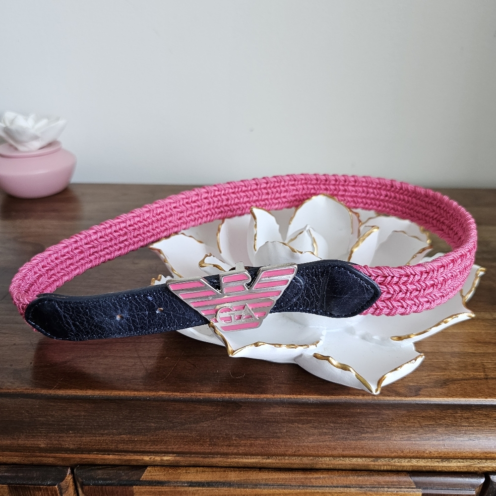 Rare Giorgio Armani Kid's Elastic Waist Pink Braided Logo Eagle Buckle Belt